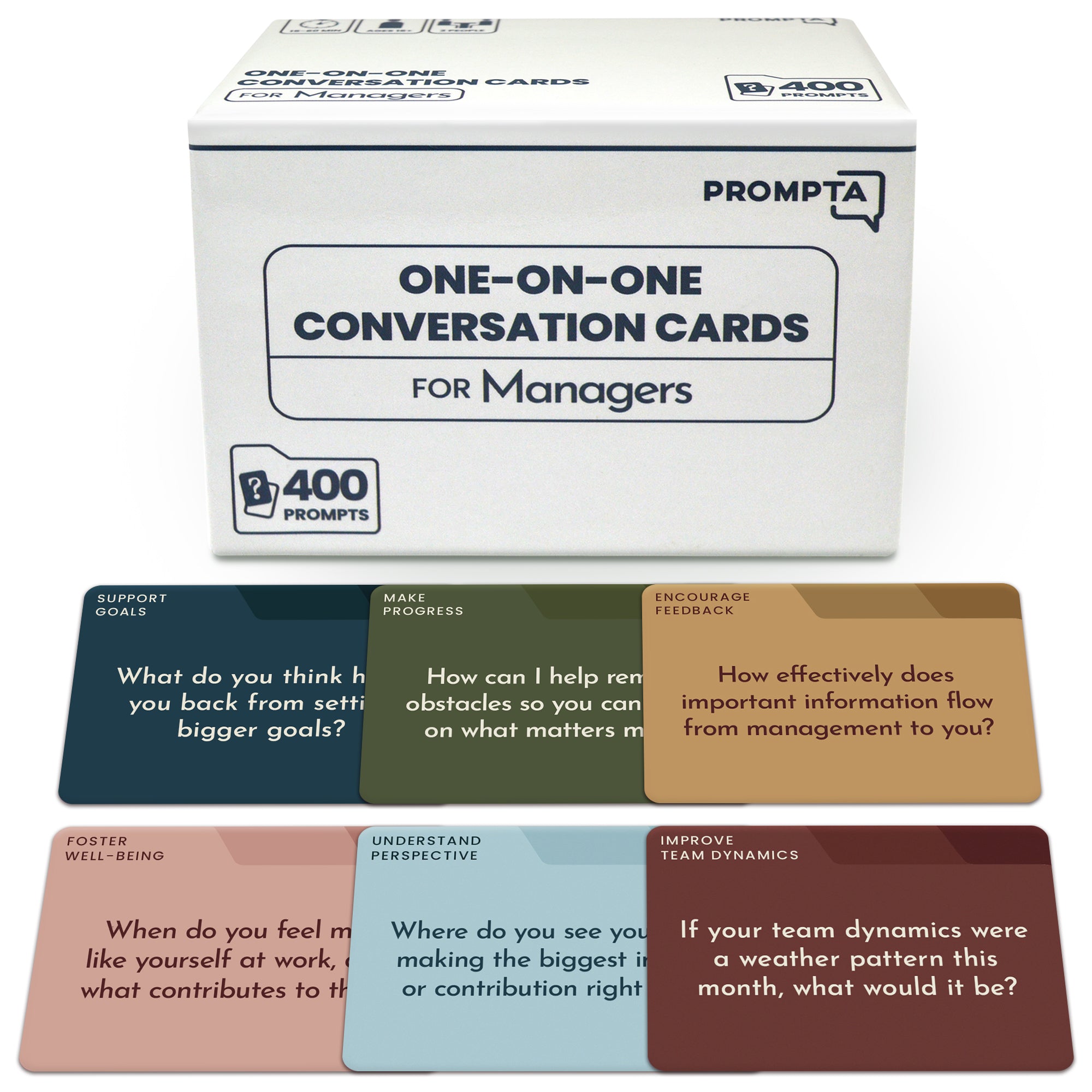 Prompta 400 One-on-One Meeting Conversation Cards for Managers — 2.5" x 1.75" Question Cards to Support Staff, Enhance Employee Growth Conversations, and Strengthen Your Team