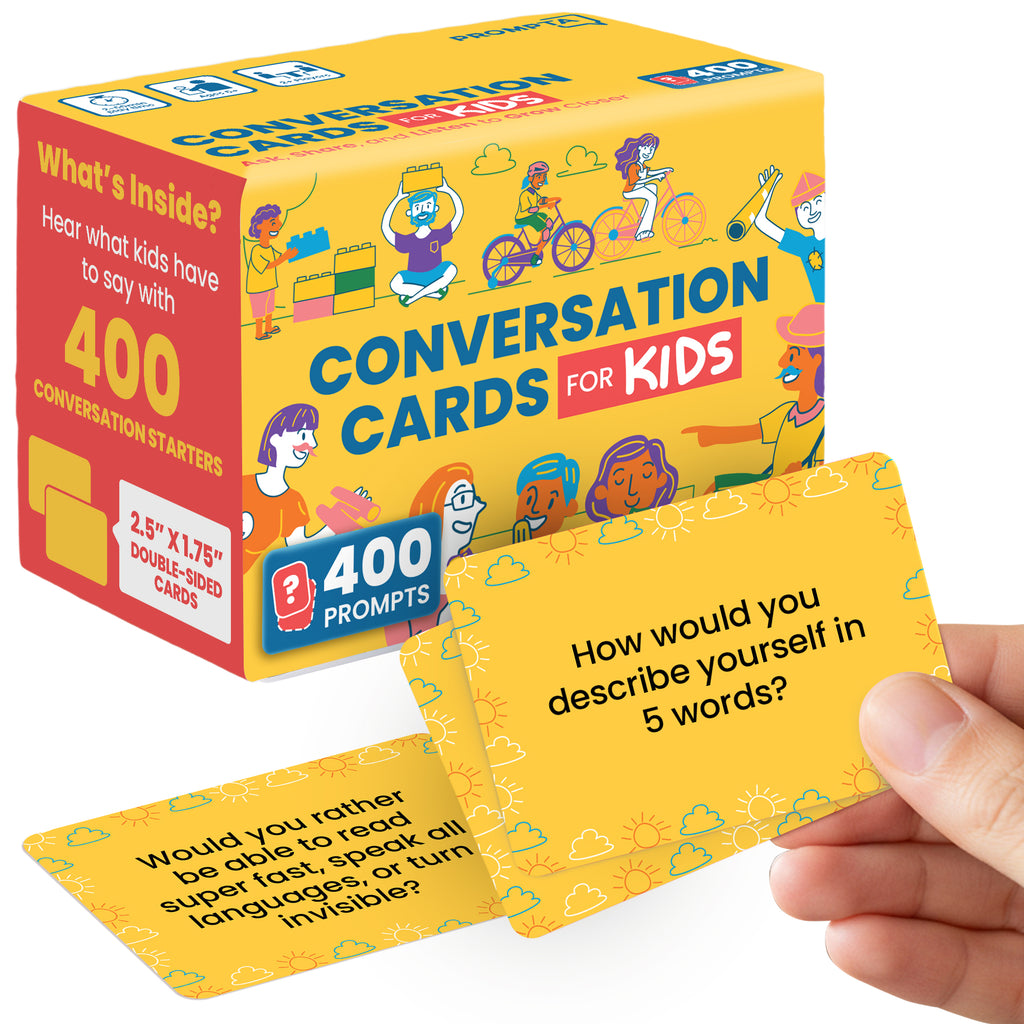 Prompta 400 Conversation Cards for Kids – Engage Kids, Laugh, and Grow Closer During Family Dinner, Game Night, and Road Trips