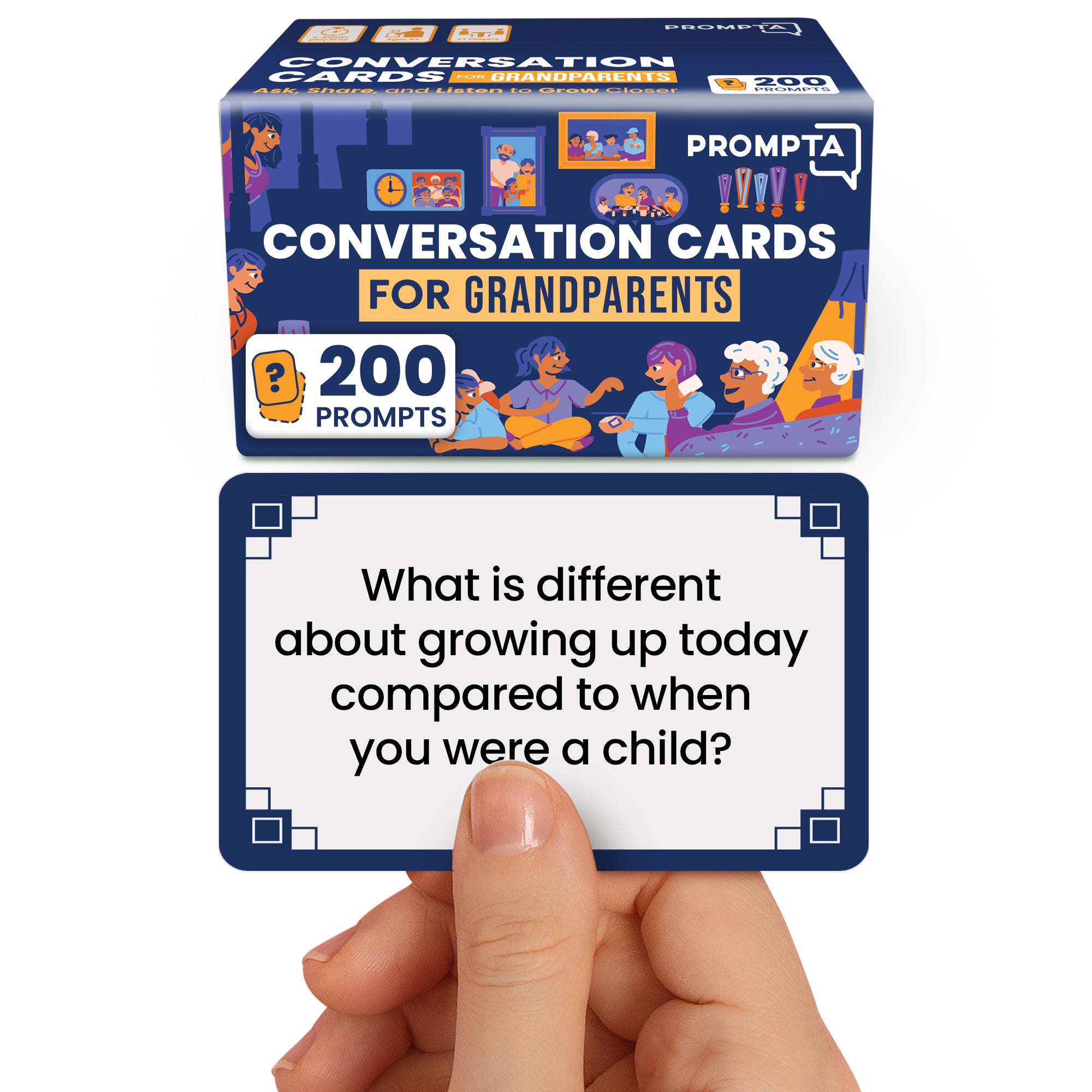 Prompta 200 Conversation Cards for Grandparents – Share Life Stories with Grandkids – 3.5” x 2.5” Large Print Interview Questions