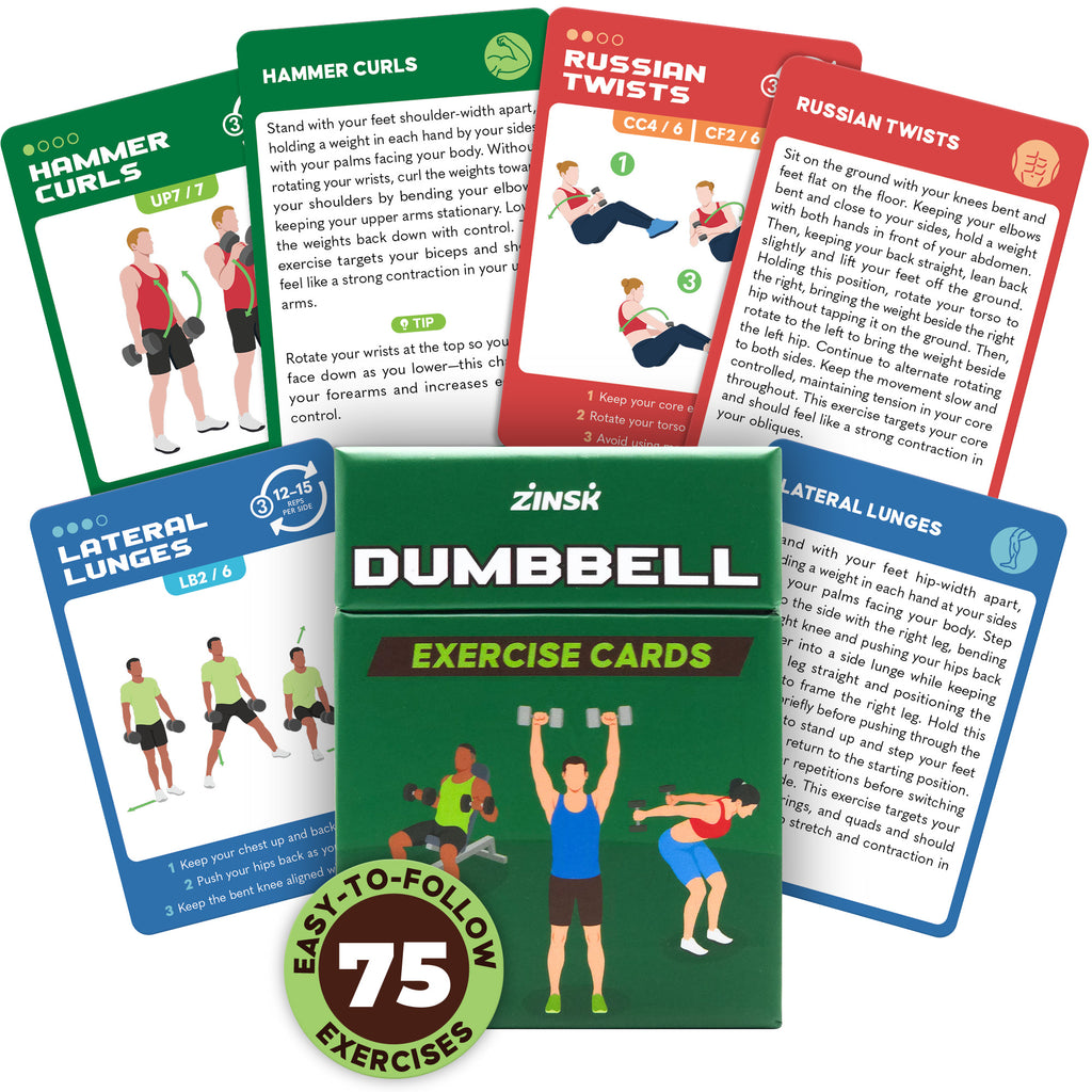 Zinsk 75 Dumbbell Workout Cards – 3.5” x 2.5” Full Body Weight Training Exercise Deck