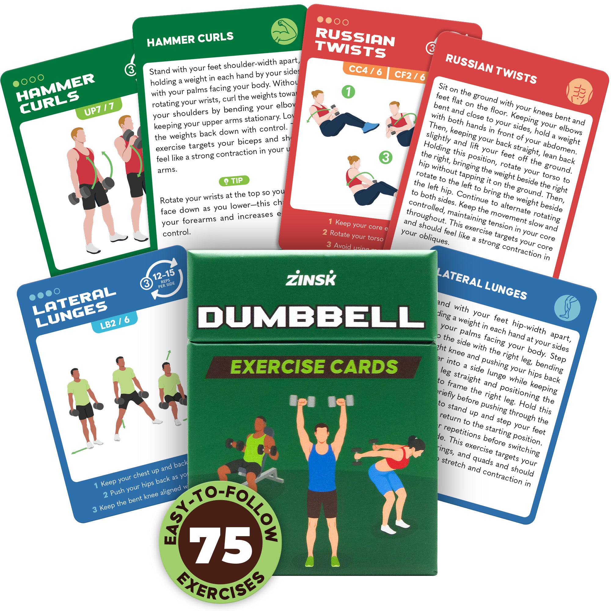 Zinsk 75 Dumbbell Workout Cards – 3.5” x 2.5” Full Body Weight Training Exercise Deck