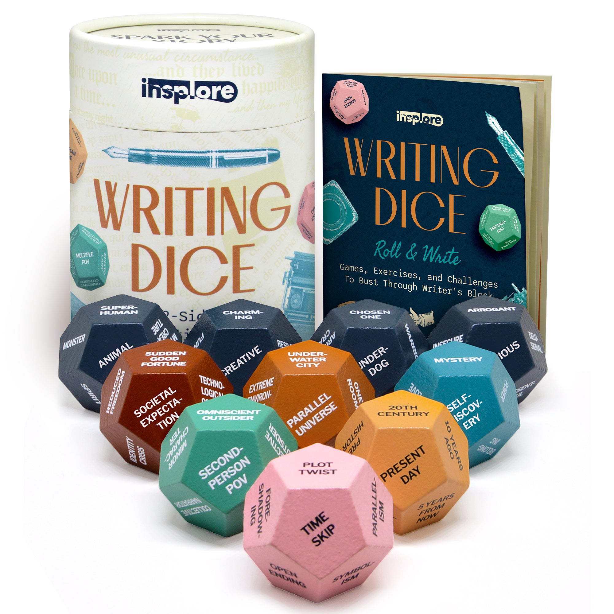 Insplore 12-Sided Writing Dice – 120 Inspiration Prompts Plus Fun Games and Challenges for Beating Writer's Block
