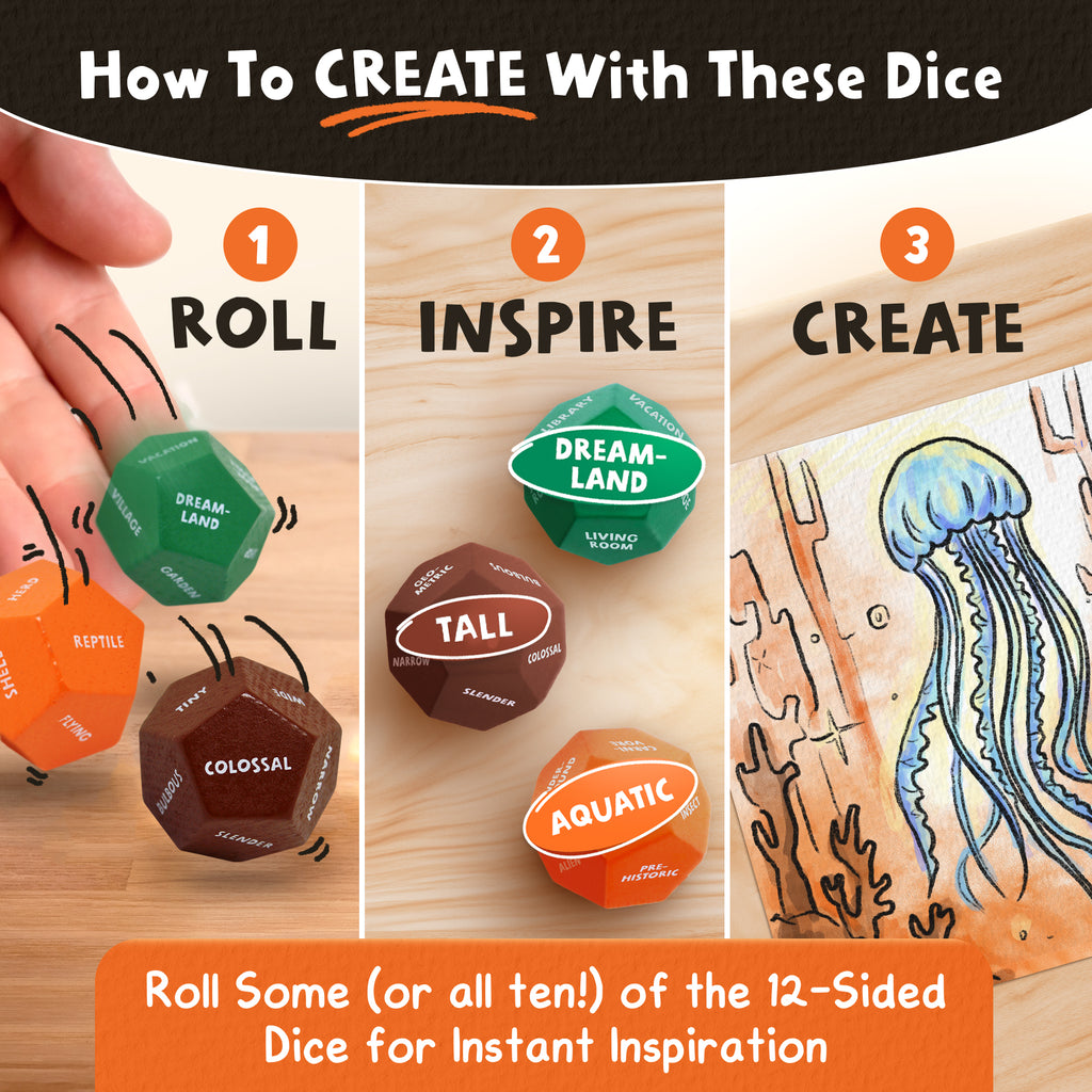 Insplore Art Dice – 12-Sided Wooden Dice with 120 Prompts to Help You Decide What to Draw or Paint