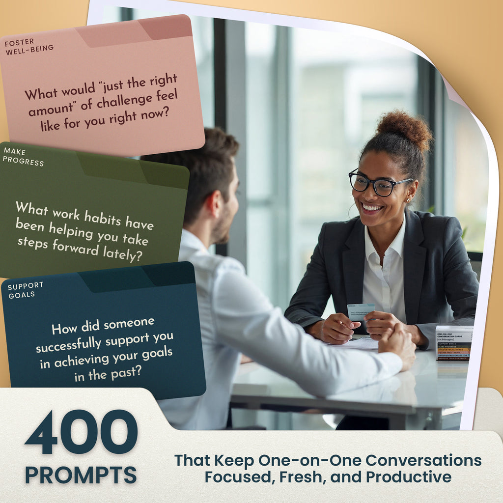 Prompta 400 One-on-One Meeting Conversation Cards for Managers — 2.5" x 1.75" Question Cards to Support Staff, Enhance Employee Growth Conversations, and Strengthen Your Team