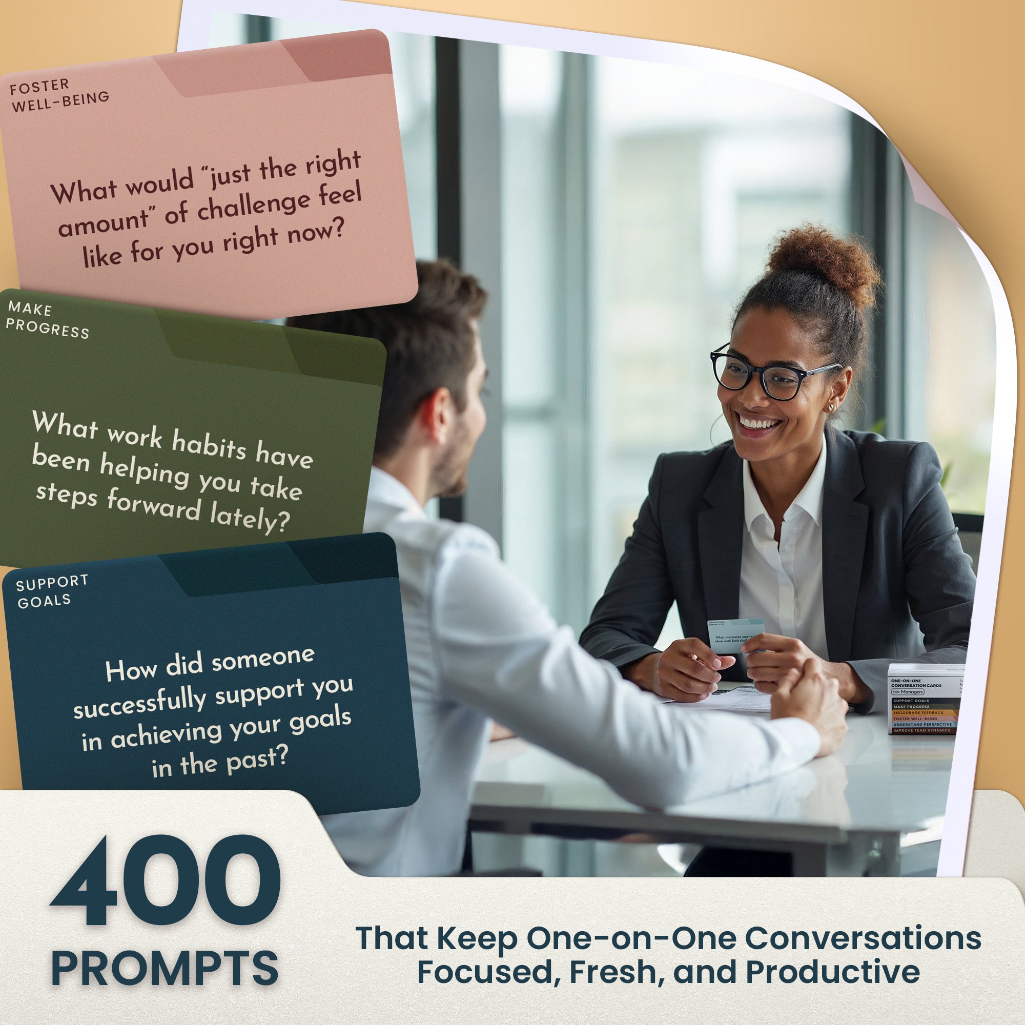 Prompta 400 One-on-One Meeting Conversation Cards for Managers — 2.5" x 1.75" Question Cards to Support Staff, Enhance Employee Growth Conversations, and Strengthen Your Team