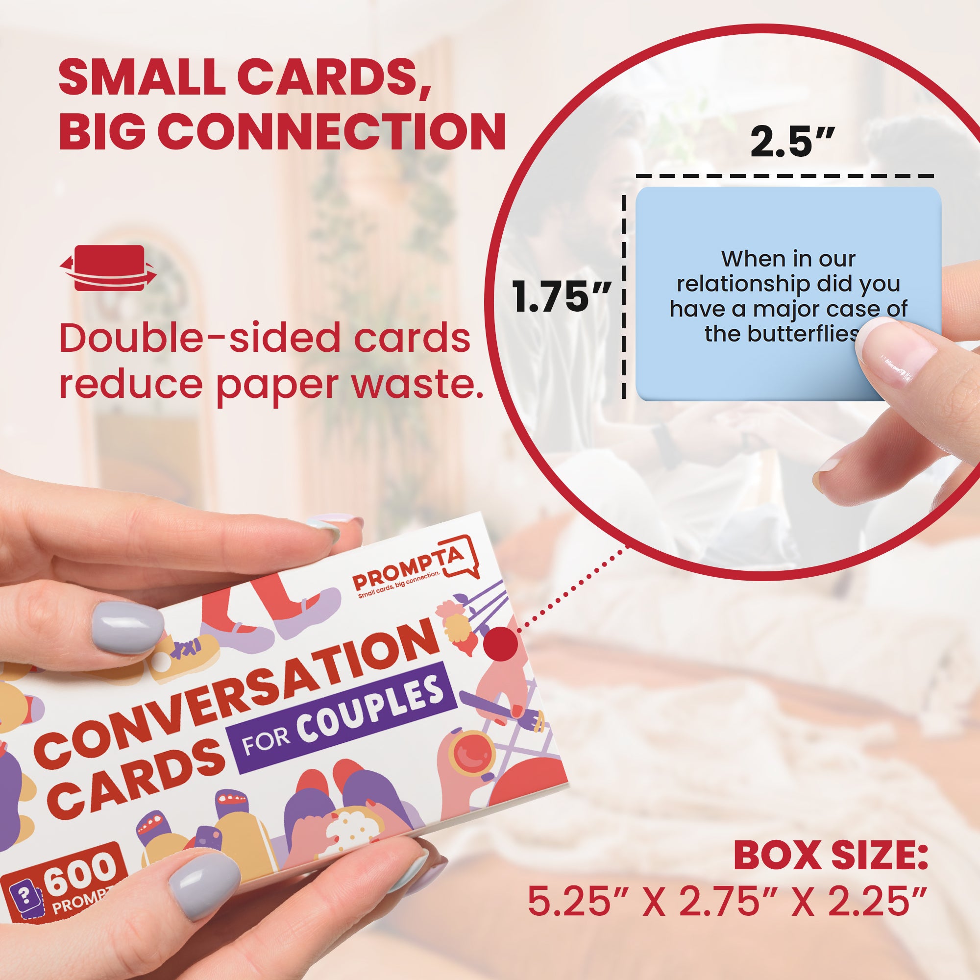 Prompta 600 Conversation Cards for Couples – 2.5” x 1.75” Cards with Light, Medium, and Deep Questions for Connecting with Your Partner