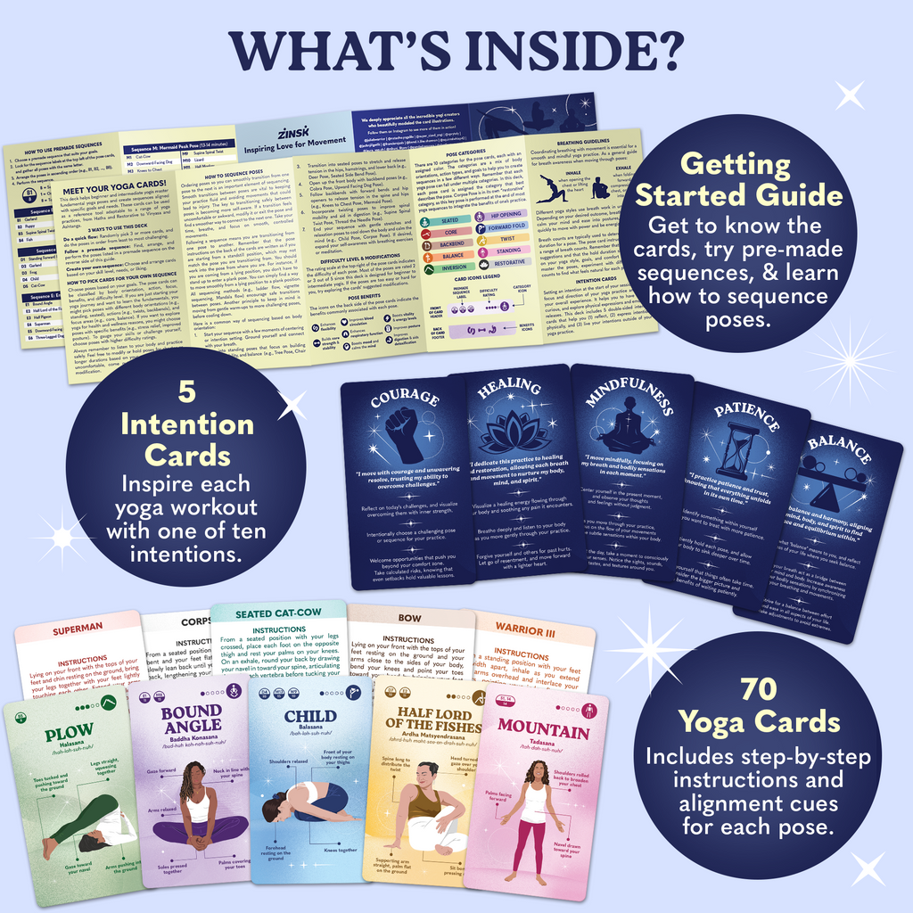 Zinsk 70 Premium Yoga Cards - Pose Flashcards with Beginner Instructions, Difficulty Levels, and Sequences - Deepen Your Practice with Alignment Cues, Modifications, Sanskrit Names & 10 Intentions