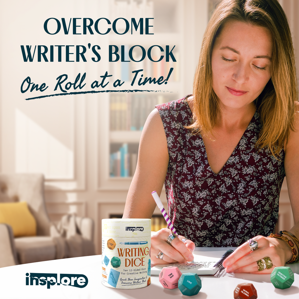 Insplore 12-Sided Writing Dice – 120 Inspiration Prompts Plus Fun Games and Challenges for Beating Writer's Block