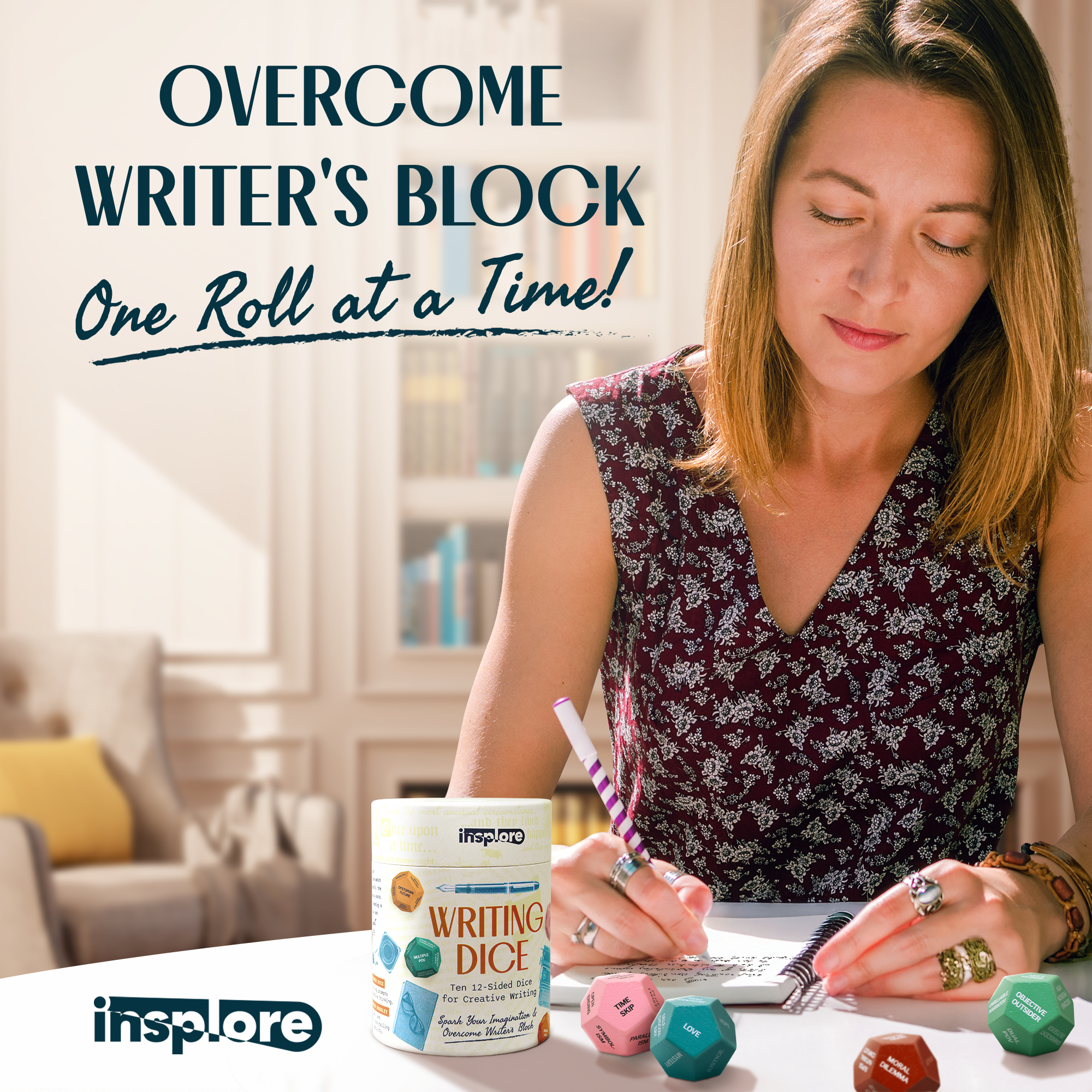 Insplore 12-Sided Writing Dice – 120 Inspiration Prompts Plus Fun Games and Challenges for Beating Writer's Block