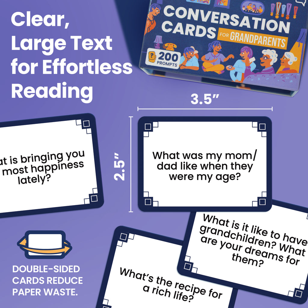Prompta 200 Conversation Cards for Grandparents – Share Life Stories with Grandkids – 3.5” x 2.5” Large Print Interview Questions