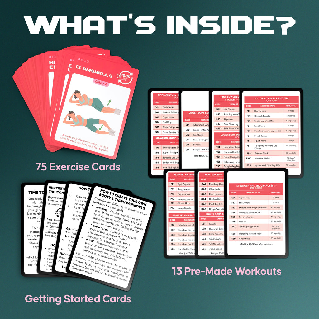Zinsk 75 Booty & Thighs Exercise Cards - 3.5" x 2.5" Cards for No Equipment Needed Glute Workouts