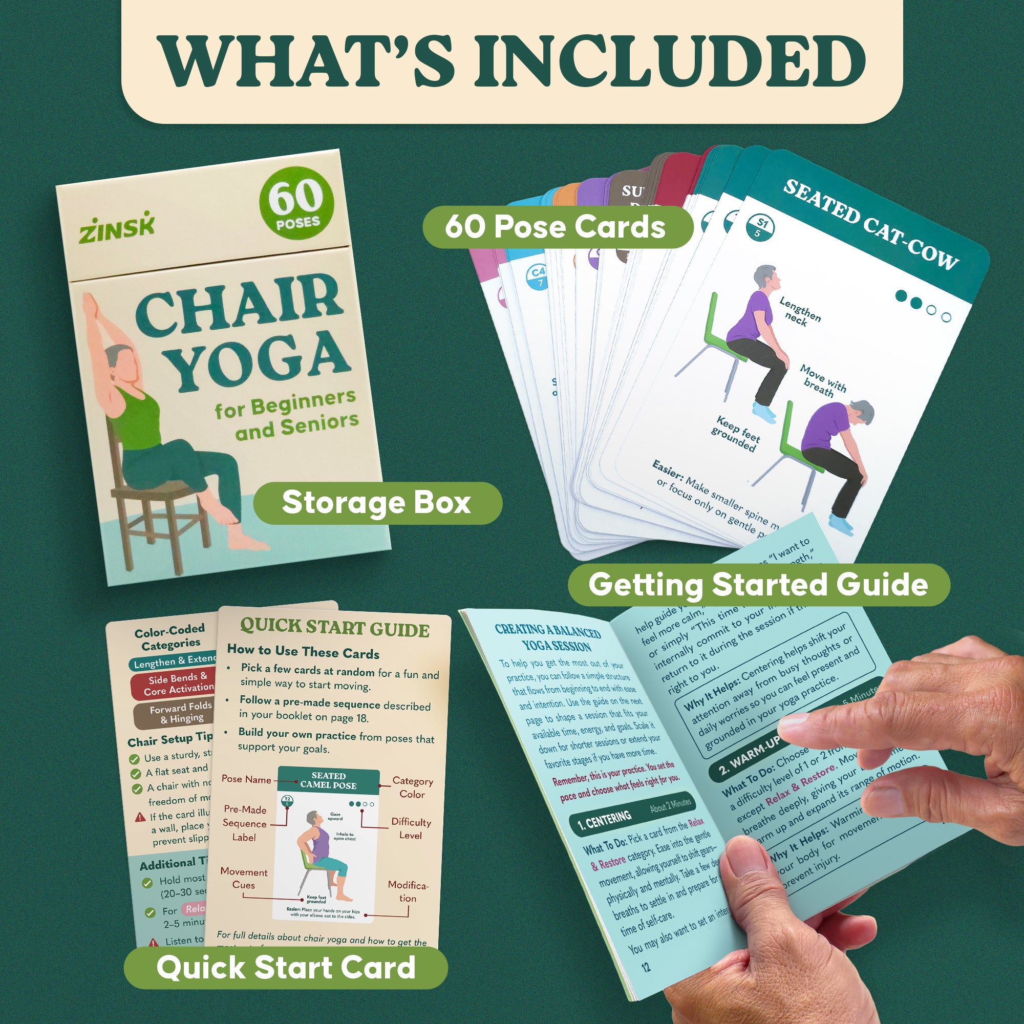 Zinsk 60 Chair Yoga Exercises – Big 4" x 6" Cards with Gentle Workouts for Seniors & Beginners