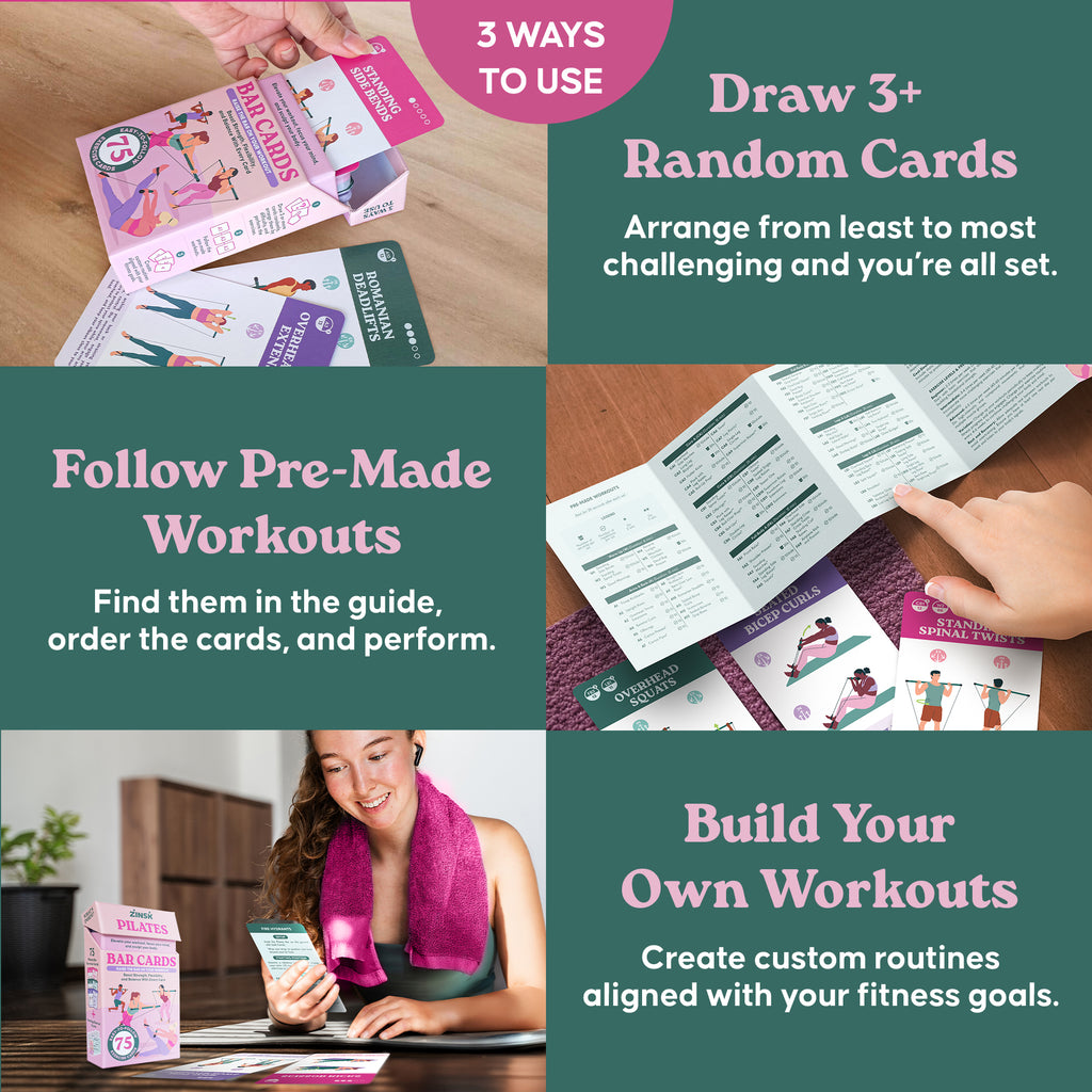 Zinsk 75 Pilates Bar Exercise Cards - 3" x 5" Cards with Full Instructions