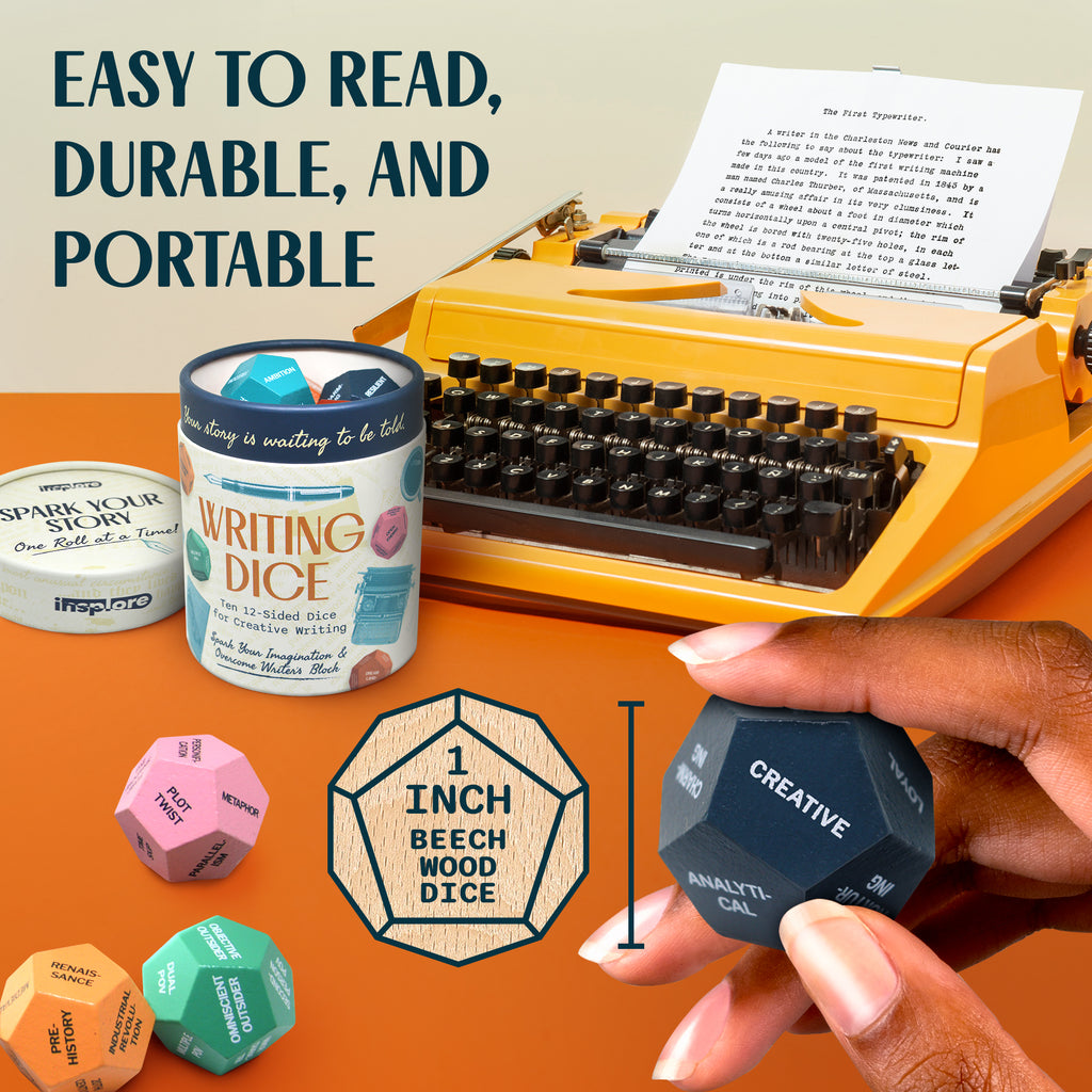 Insplore 12-Sided Writing Dice – 120 Inspiration Prompts Plus Fun Games and Challenges for Beating Writer's Block