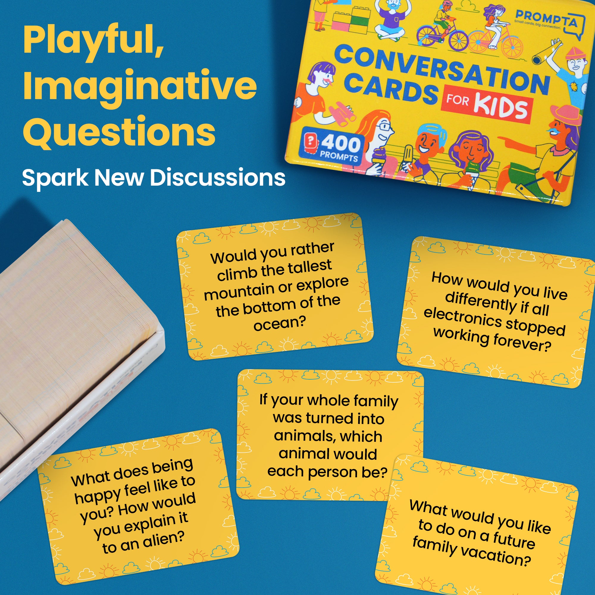 Prompta 400 Conversation Cards for Kids – Engage Kids, Laugh, and Grow Closer During Family Dinner, Game Night, and Road Trips
