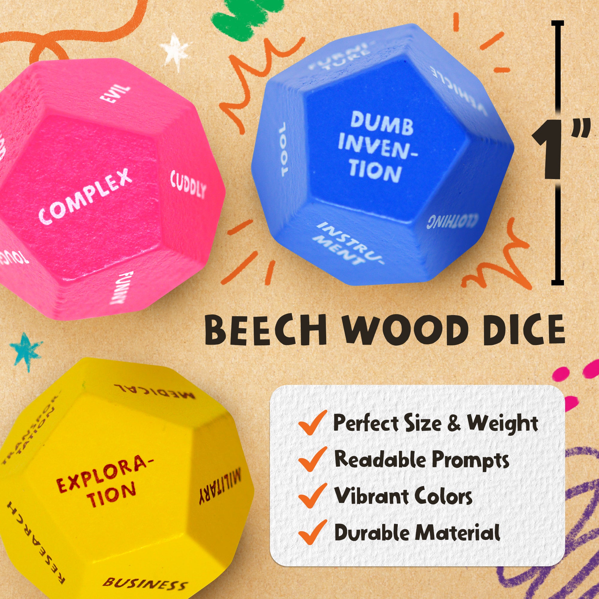 Insplore Art Dice – 12-Sided Wooden Dice with 120 Prompts to Help You Decide What to Draw or Paint