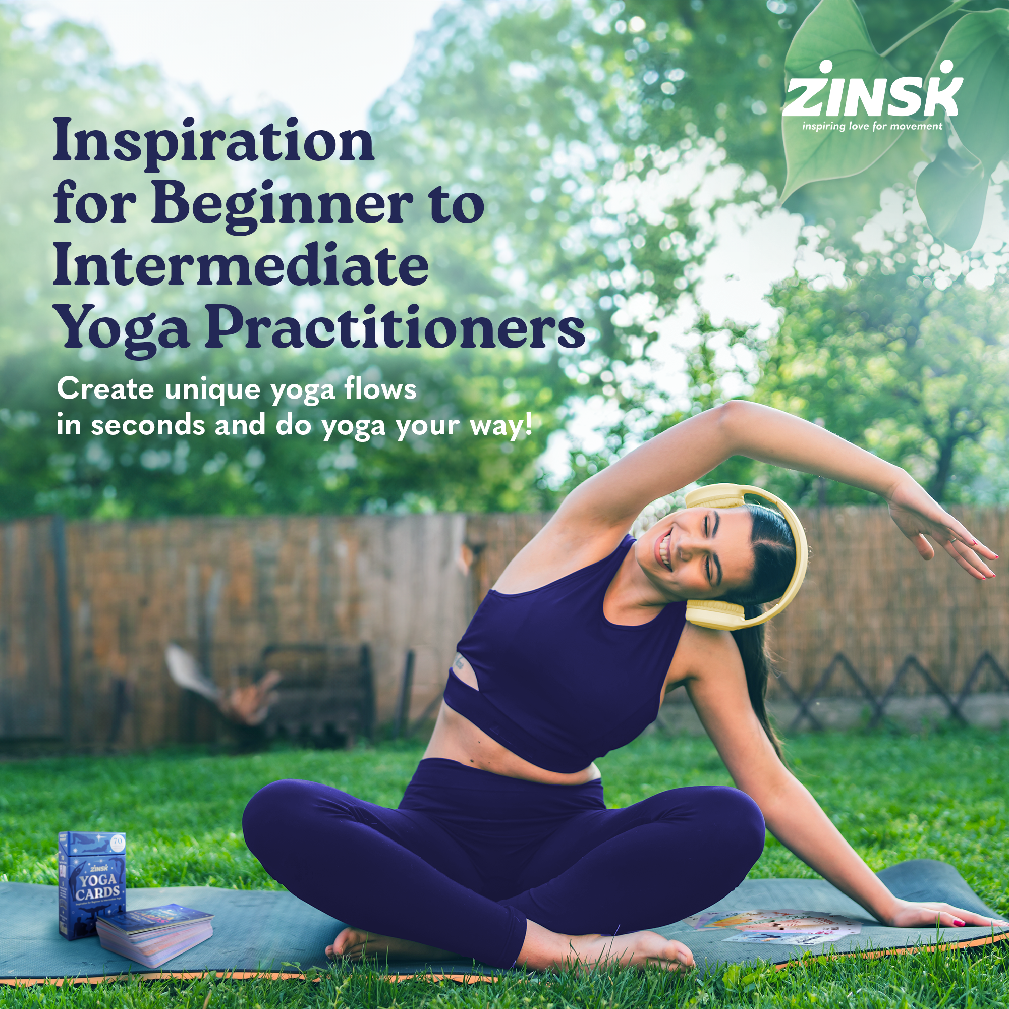 Zinsk 70 Premium Yoga Cards - Pose Flashcards with Beginner Instructions, Difficulty Levels, and Sequences - Deepen Your Practice with Alignment Cues, Modifications, Sanskrit Names & 10 Intentions