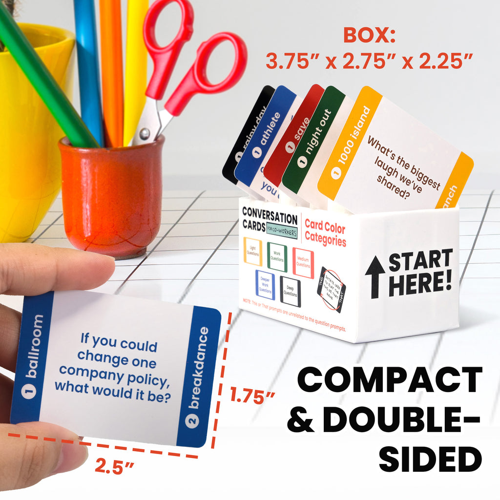 Prompta 400 Conversation Cards for Coworkers – Two Fun Teambuilding Games for Work – 2.5" x 1.75" Question Cards