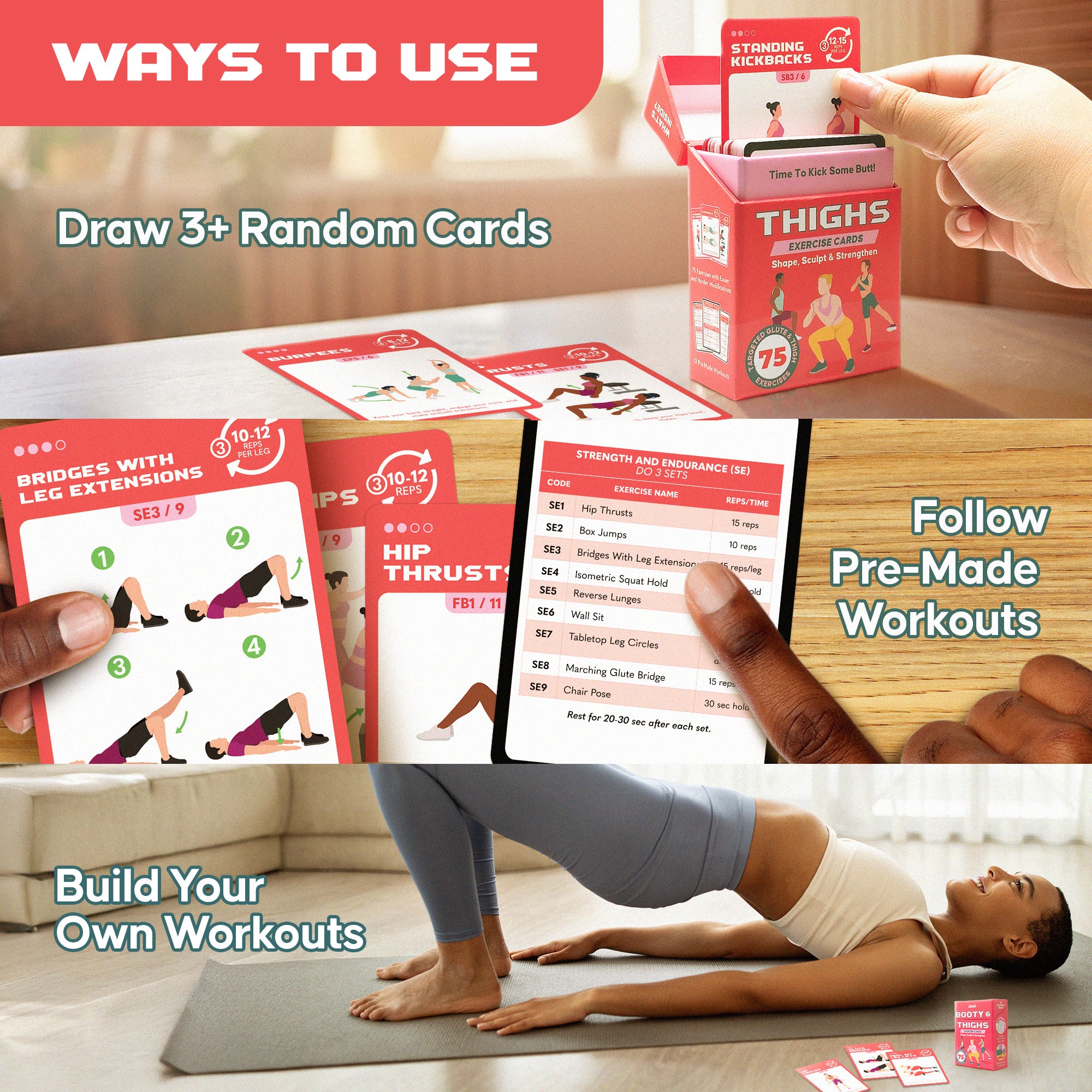 Zinsk 75 Booty & Thighs Exercise Cards - 3.5" x 2.5" Cards for No Equipment Needed Glute Workouts