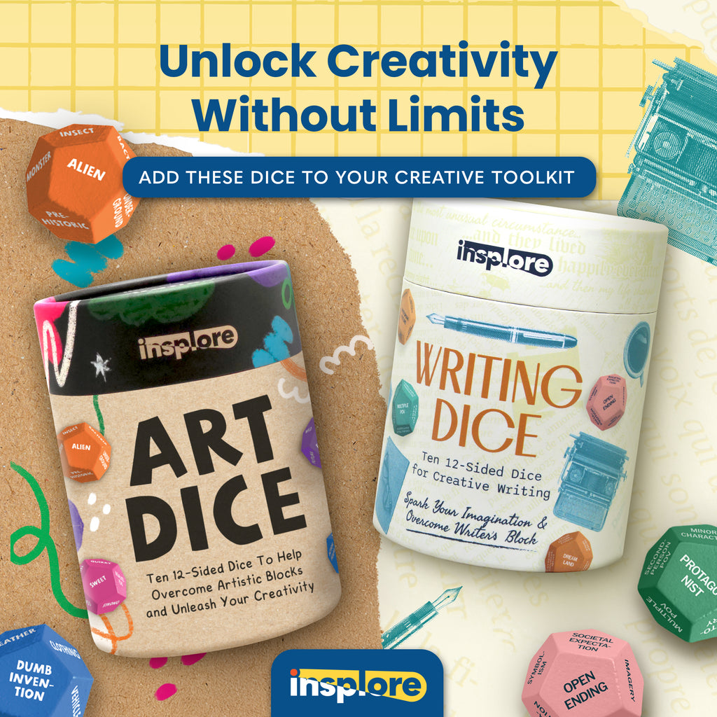 Insplore Art Dice – 12-Sided Wooden Dice with 120 Prompts to Help You Decide What to Draw or Paint