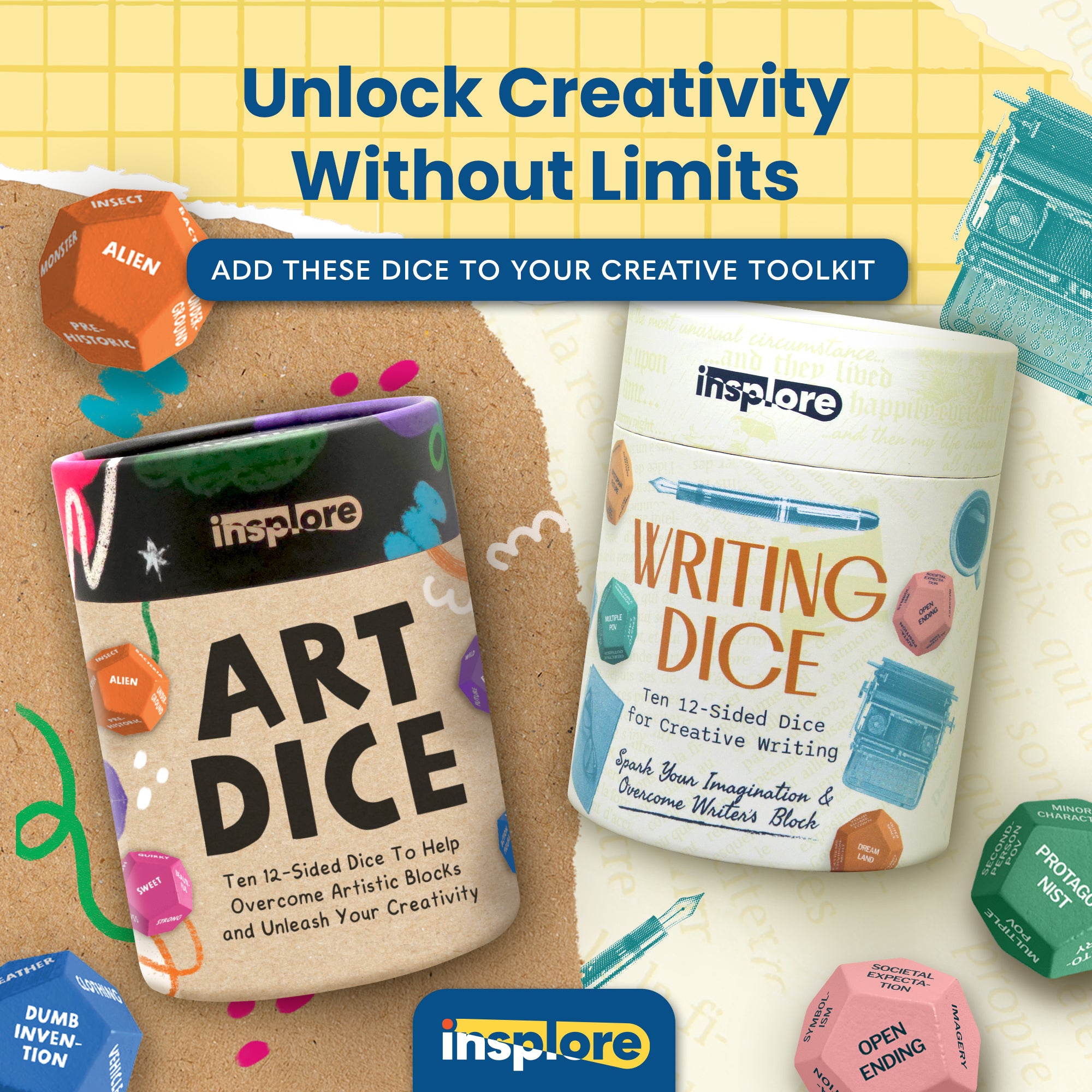 Insplore Art Dice – 12-Sided Wooden Dice with 120 Prompts to Help You Decide What to Draw or Paint