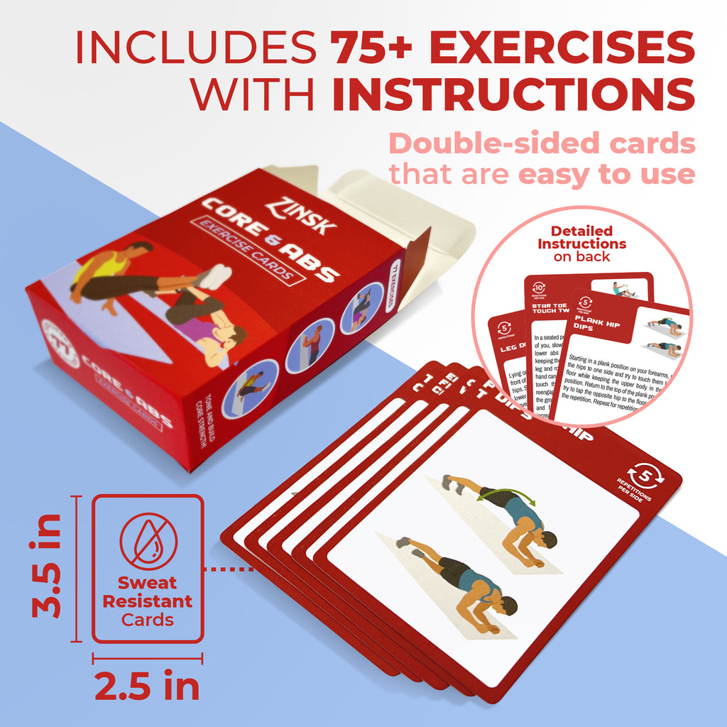 Zinsk 75 Core and Abs Exercise Cards –  3.5" x 2.5" Workout Cards to Help Build Core Strength