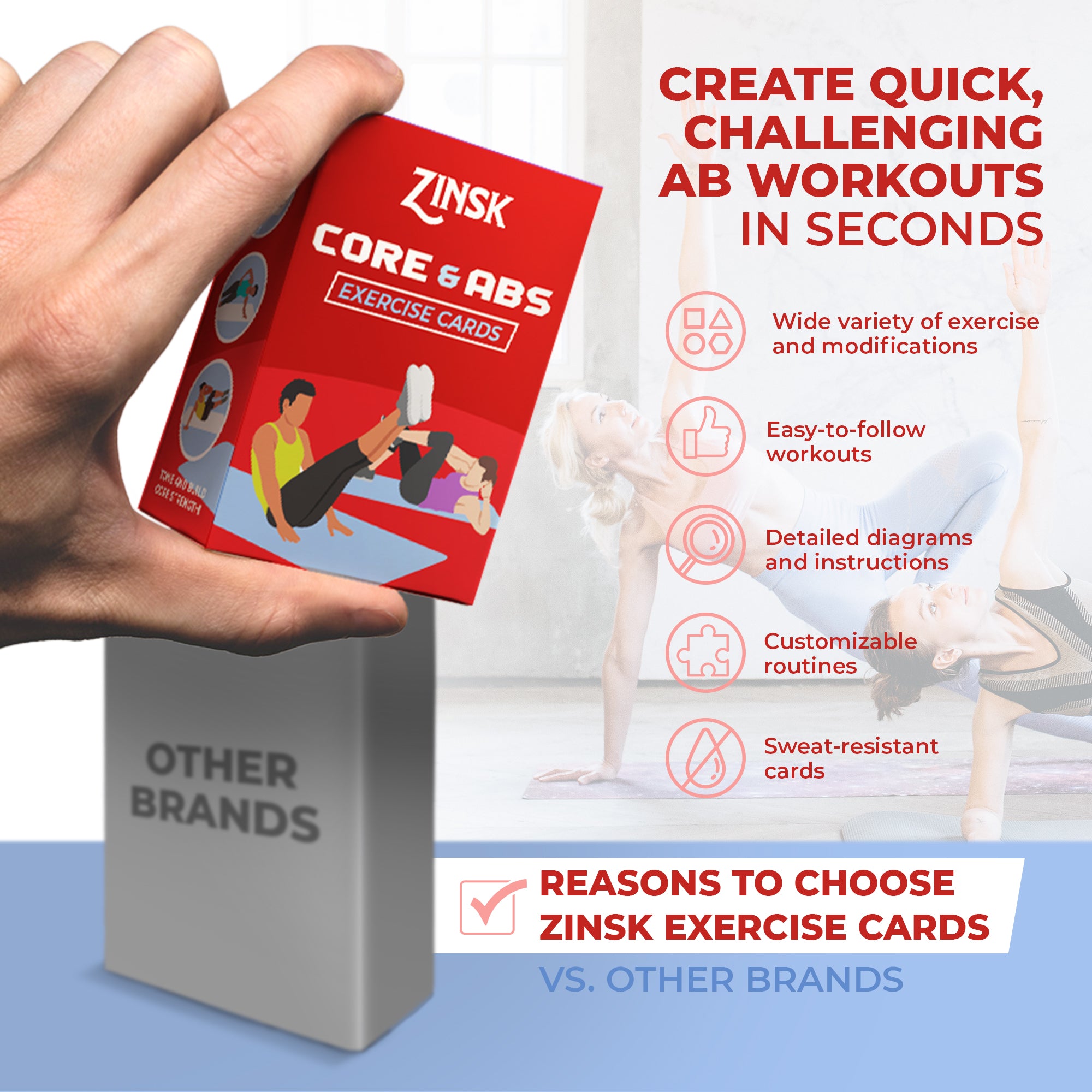 Zinsk 75 Core and Abs Exercise Cards –  3.5" x 2.5" Workout Cards to Help Build Core Strength