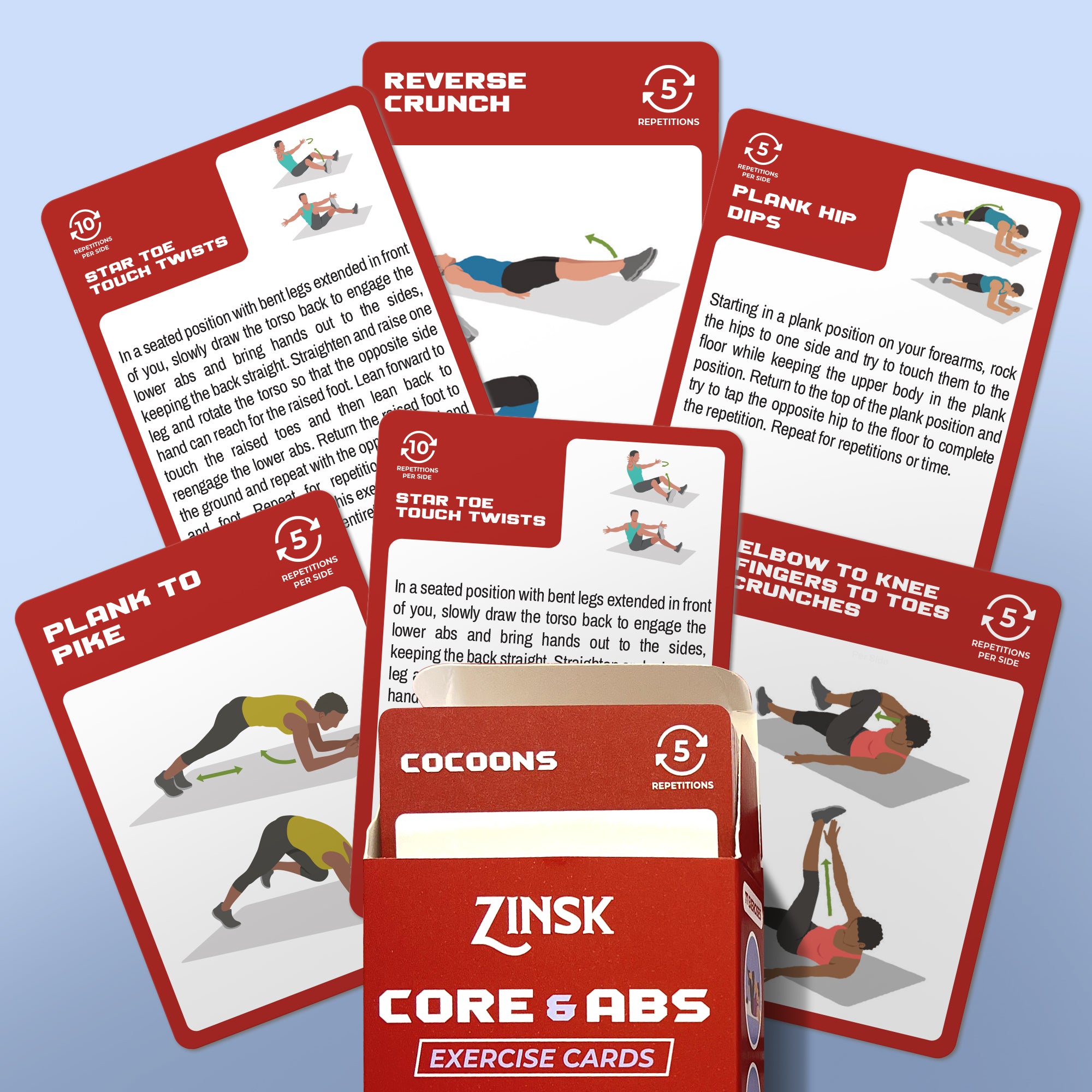 Zinsk 75 Core and Abs Exercise Cards –  3.5" x 2.5" Workout Cards to Help Build Core Strength