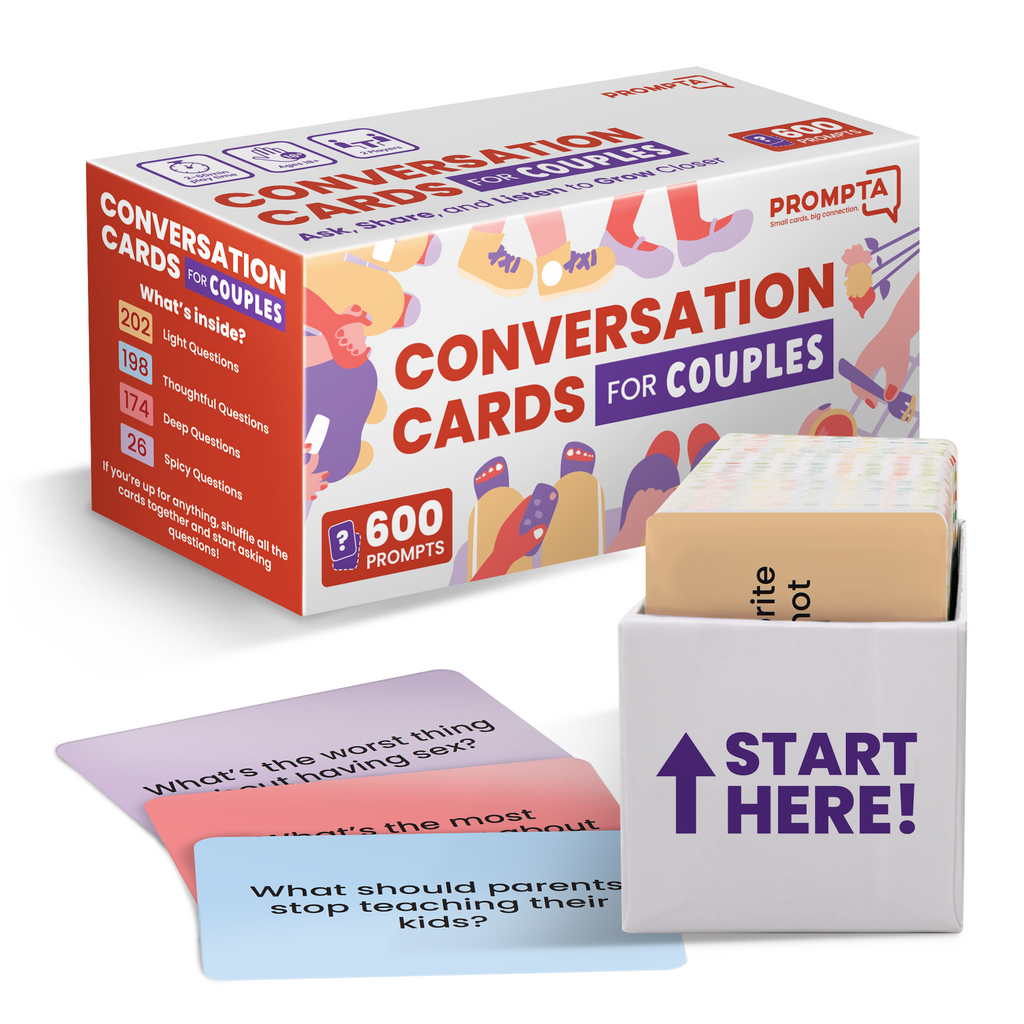 Prompta 600 Conversation Cards for Couples – 2.5” x 1.75” Cards with Light, Medium, and Deep Questions for Connecting with Your Partner