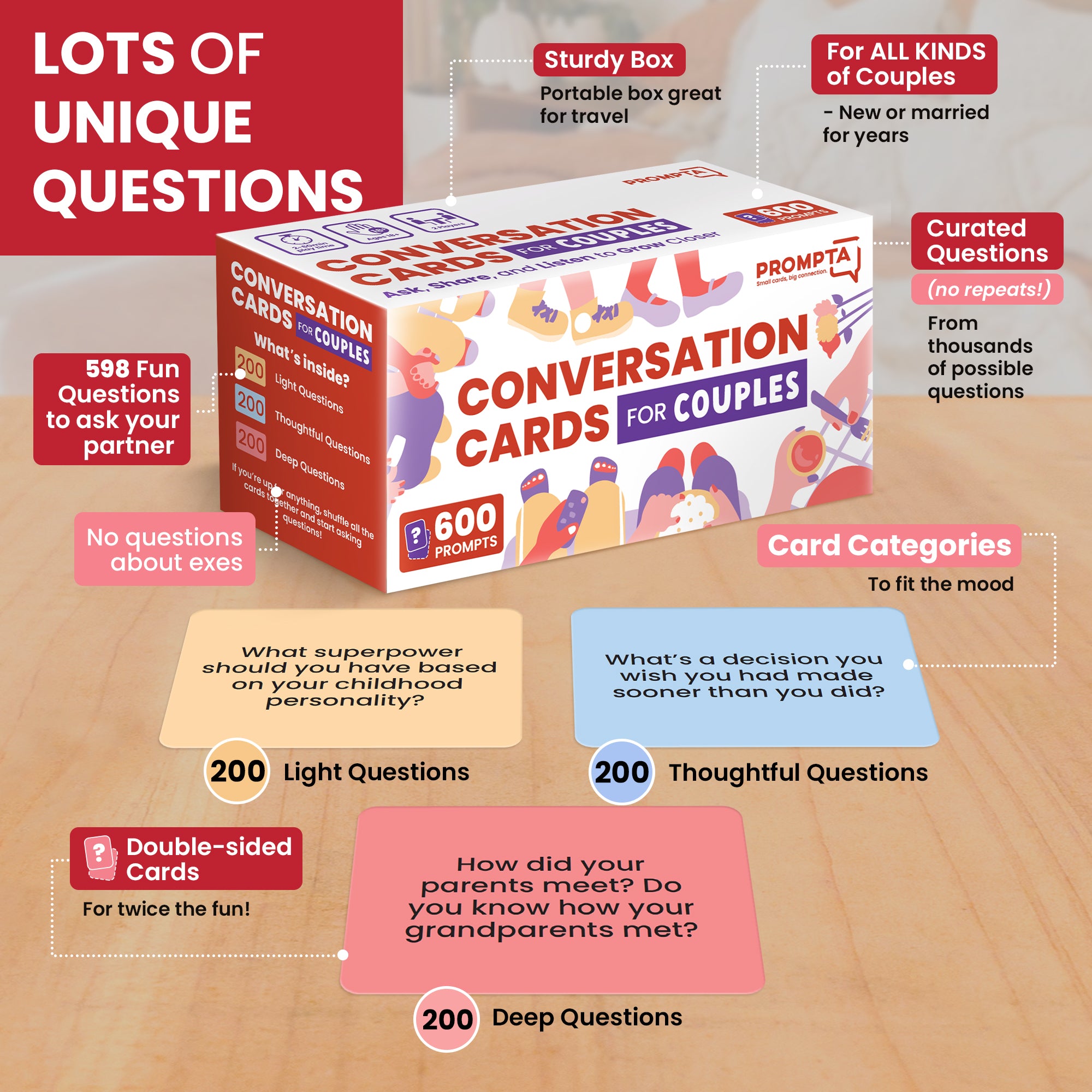 Prompta 600 Conversation Cards for Couples – 2.5” x 1.75” Cards with Light, Medium, and Deep Questions for Connecting with Your Partner
