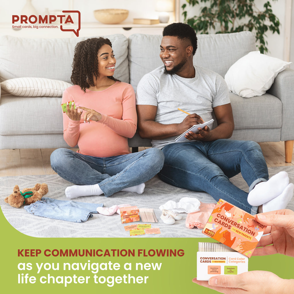 Prompta 400 Conversation Cards for New Parents – Fun Questions to Connect and Talk About Parenting Essentials – Gift for First-Time Mom & Dad – 2.5" x 1.75" Sized Cards – Expecting Couples