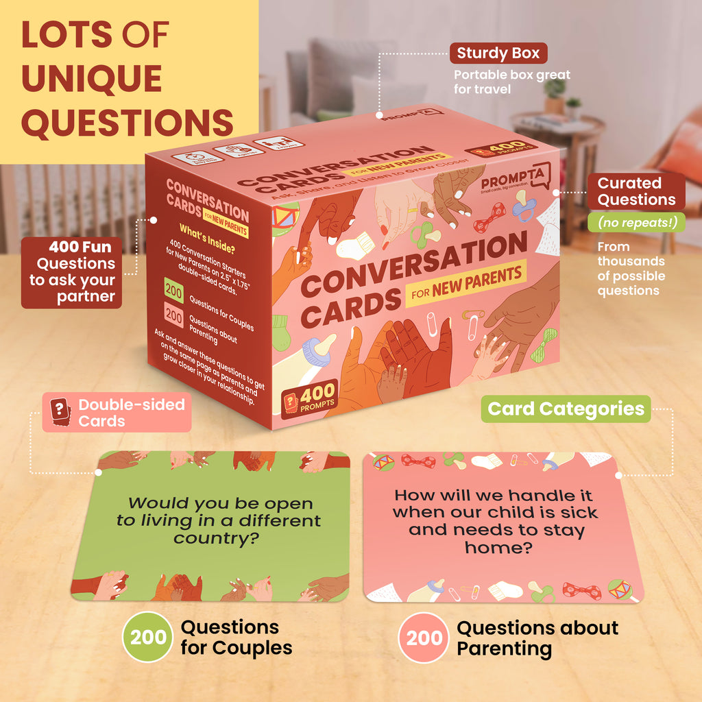 Prompta 400 Conversation Cards for New Parents – Fun Questions to Connect and Talk About Parenting Essentials – Gift for First-Time Mom & Dad – 2.5" x 1.75" Sized Cards – Expecting Couples