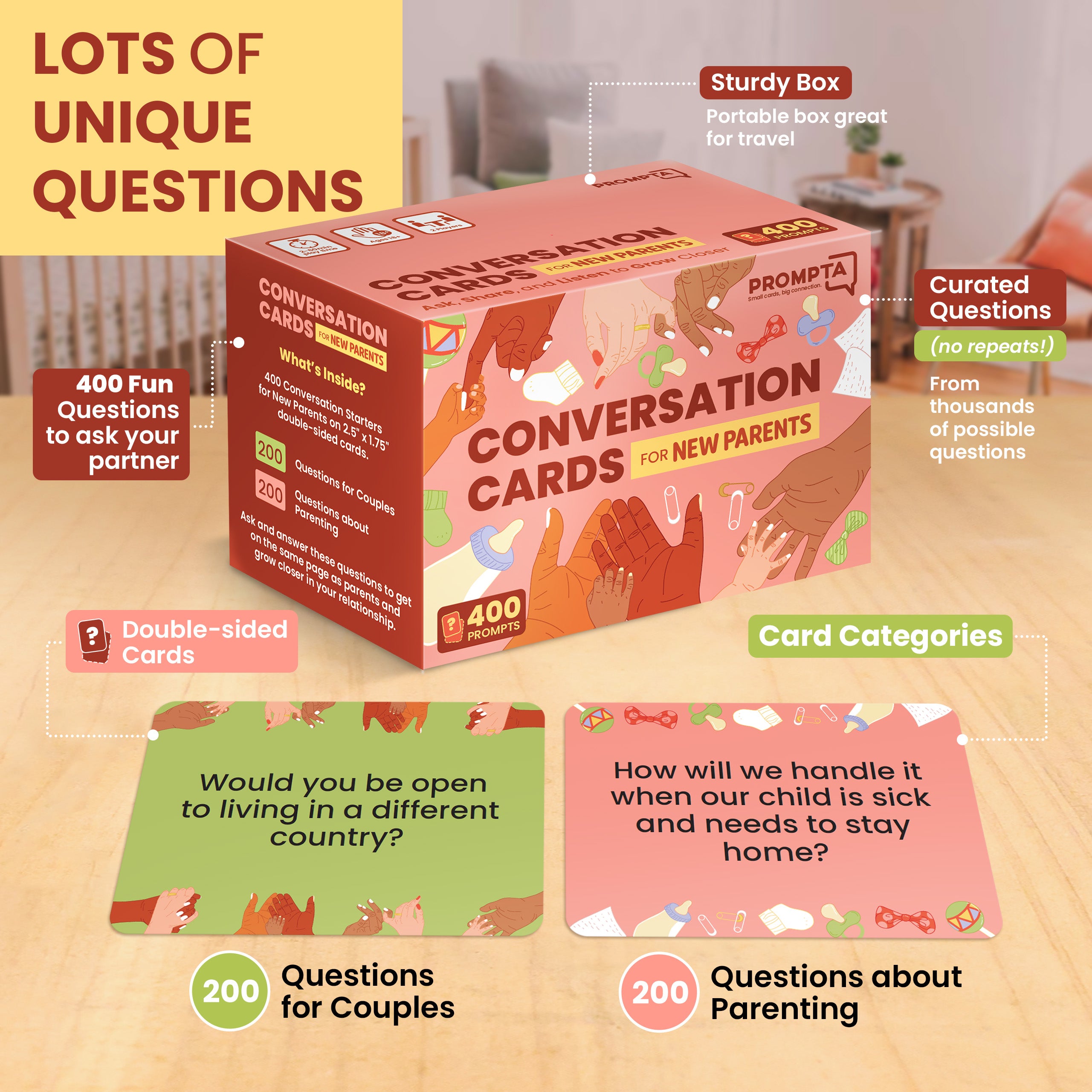 Prompta 400 Conversation Cards for New Parents – Fun Questions to Connect and Talk About Parenting Essentials – Gift for First-Time Mom & Dad – 2.5" x 1.75" Sized Cards – Expecting Couples