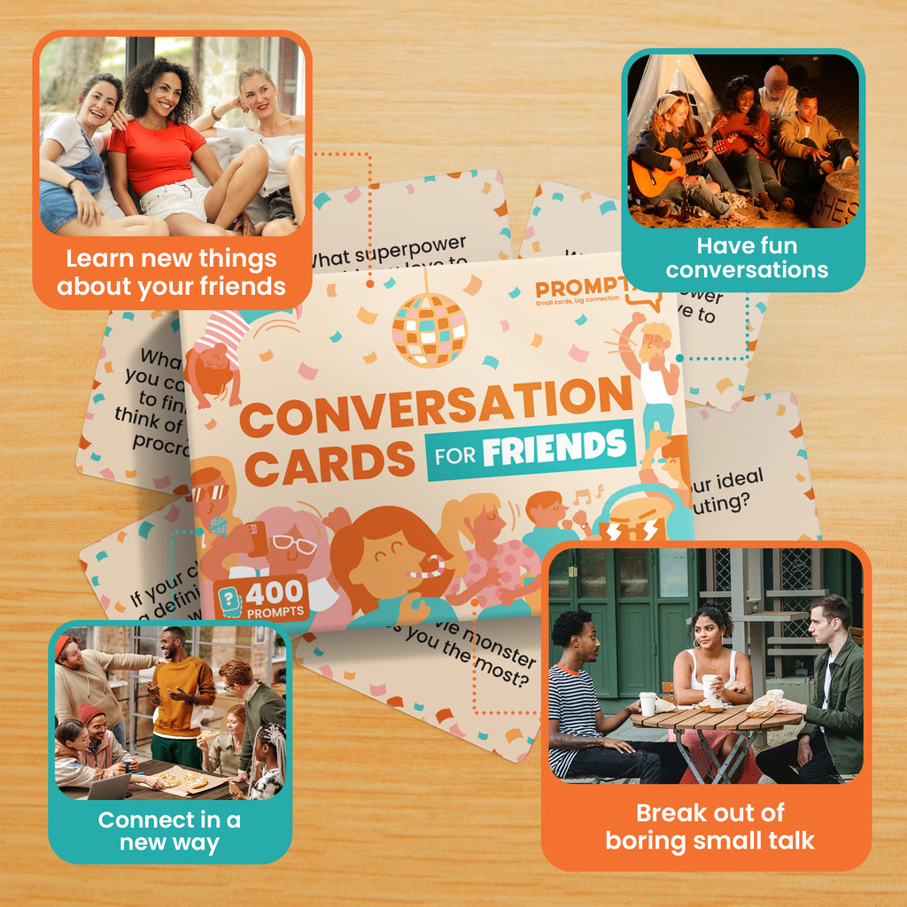 Prompta 400 Conversation Cards for Friends – 2.5" x 1.75" Cards to Spark Laughter, Stories, and Deeper Friendships