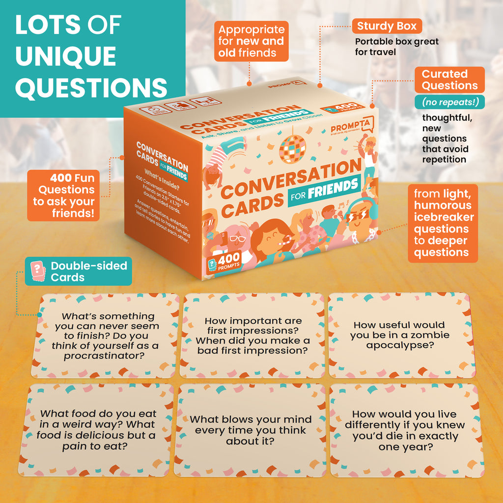 Prompta 400 Conversation Cards for Friends – 2.5" x 1.75" Cards to Spark Laughter, Stories, and Deeper Friendships
