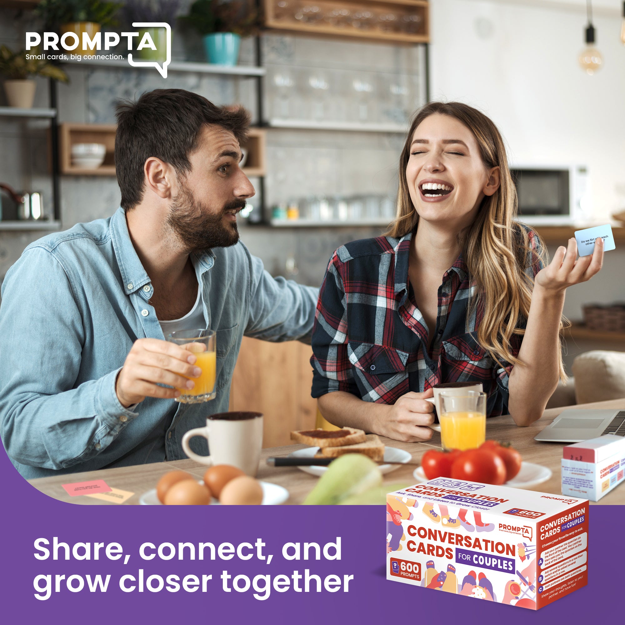 Prompta 600 Conversation Cards for Couples – 2.5” x 1.75” Cards with Light, Medium, and Deep Questions for Connecting with Your Partner