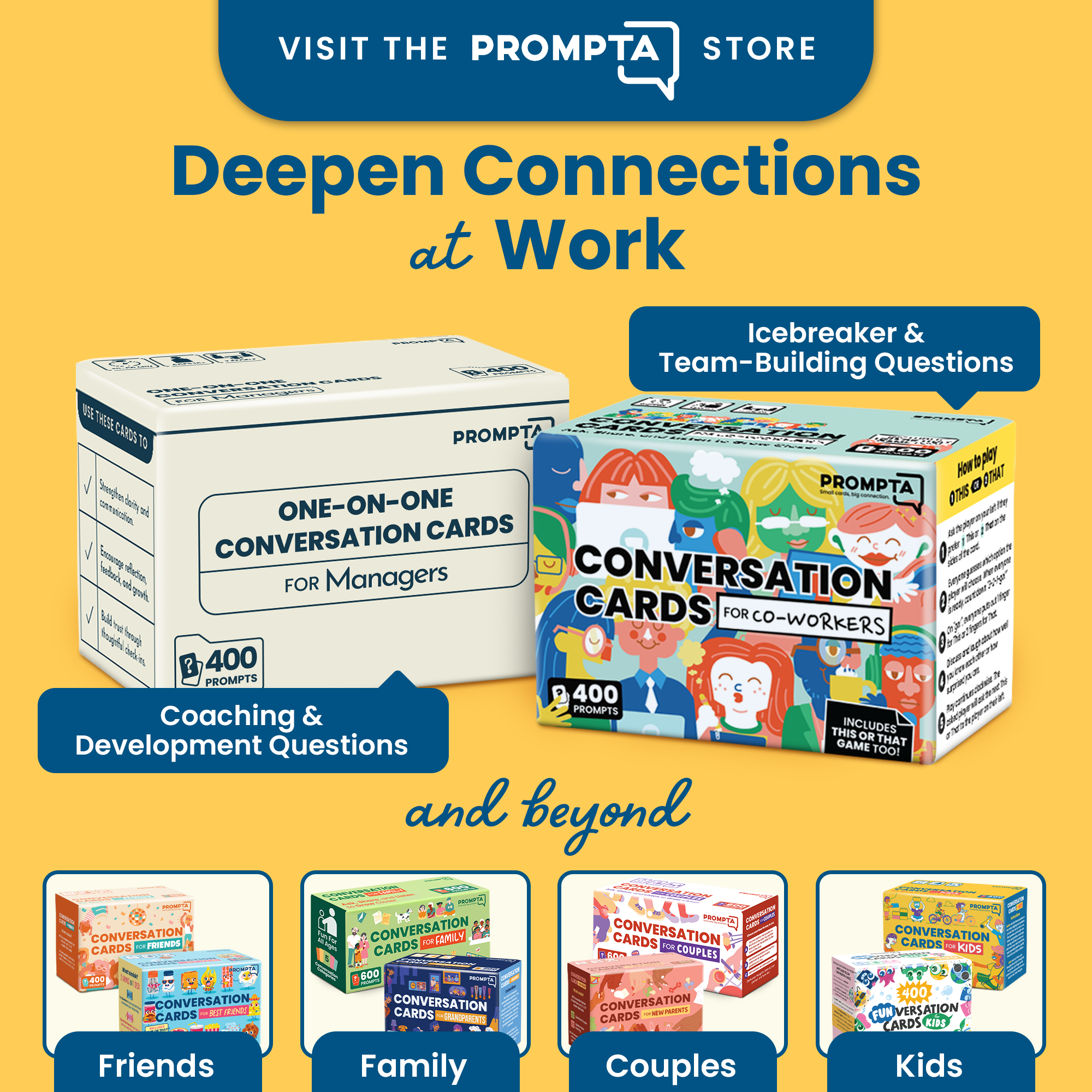Prompta 400 Conversation Cards for Coworkers – Two Fun Teambuilding Games for Work – 2.5" x 1.75" Question Cards