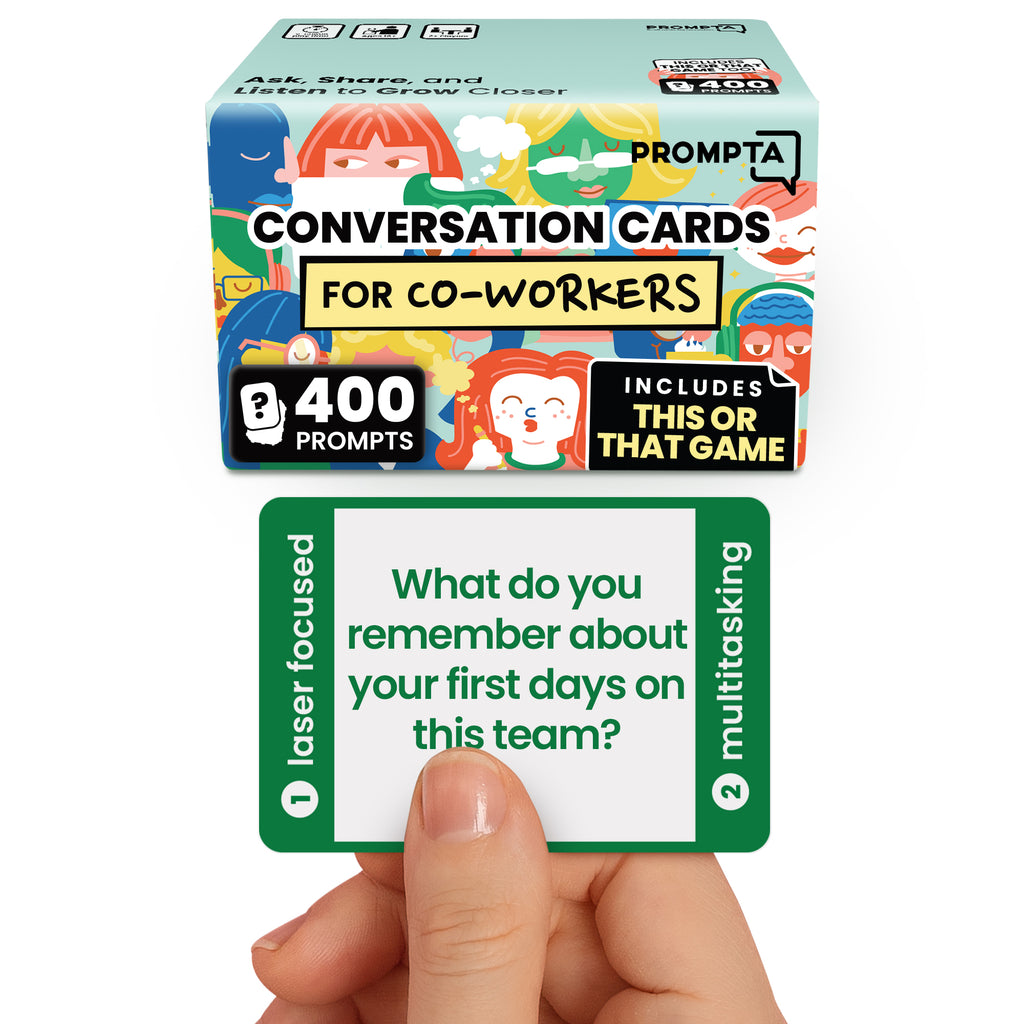 Prompta 400 Conversation Cards for Coworkers – Two Fun Teambuilding Games for Work – 2.5" x 1.75" Question Cards