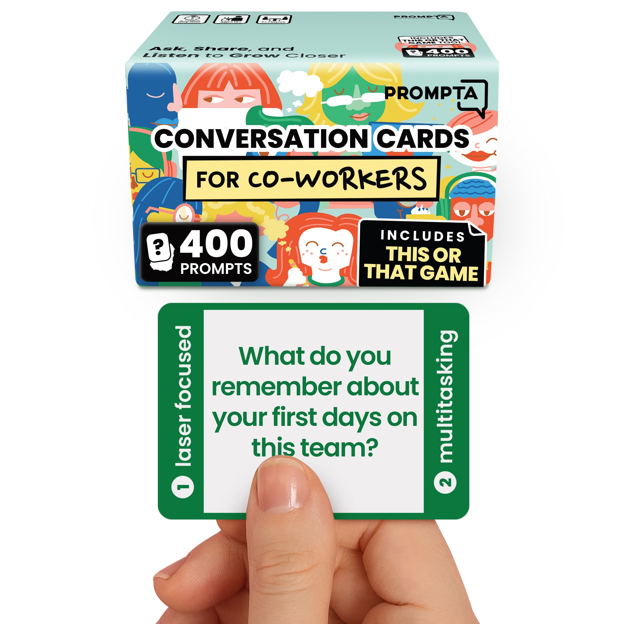Prompta 400 Conversation Cards for Coworkers – Two Fun Teambuilding Games for Work – 2.5" x 1.75" Question Cards