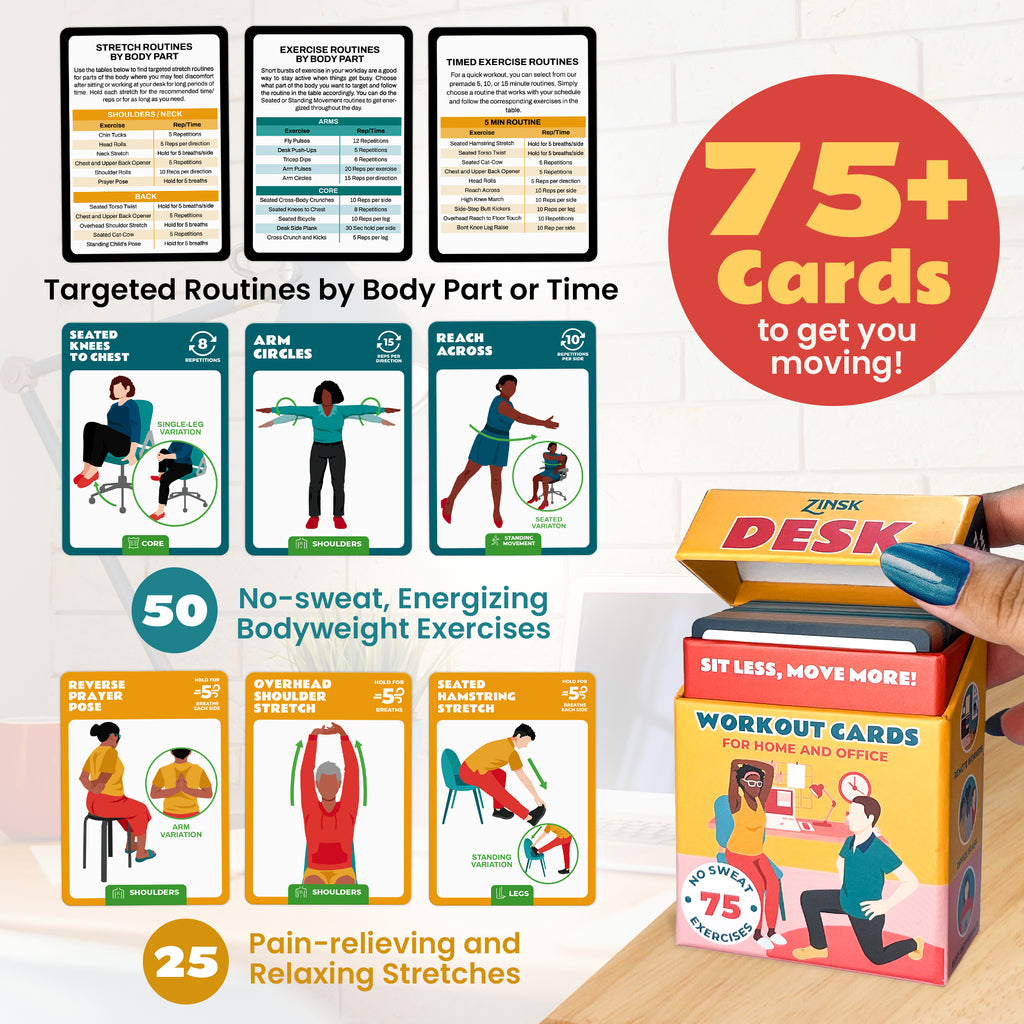 Zinsk 75 Desk Workout Cards – Compact 3.5" x 2.5” Chair Exercise Cards for Home or Office