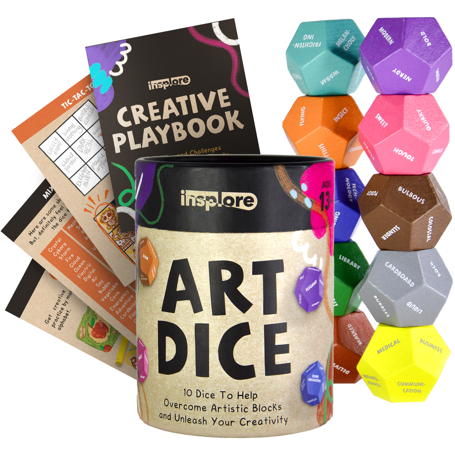 The ten 12-sided dice come in a portable canister and with a creative playbook