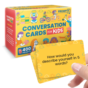 Prompta 400 Conversation Cards for Kids – Engage Kids, Laugh, and Grow Closer During Family Dinner, Game Night, and Road Trips – Have Fun Building Social-Emotional Skills - Super Portable 2.5" x 1.75" Cards