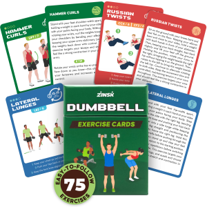Dumbbell Cards Main Image showing the different exercise categories and fronts and backs of the cards.